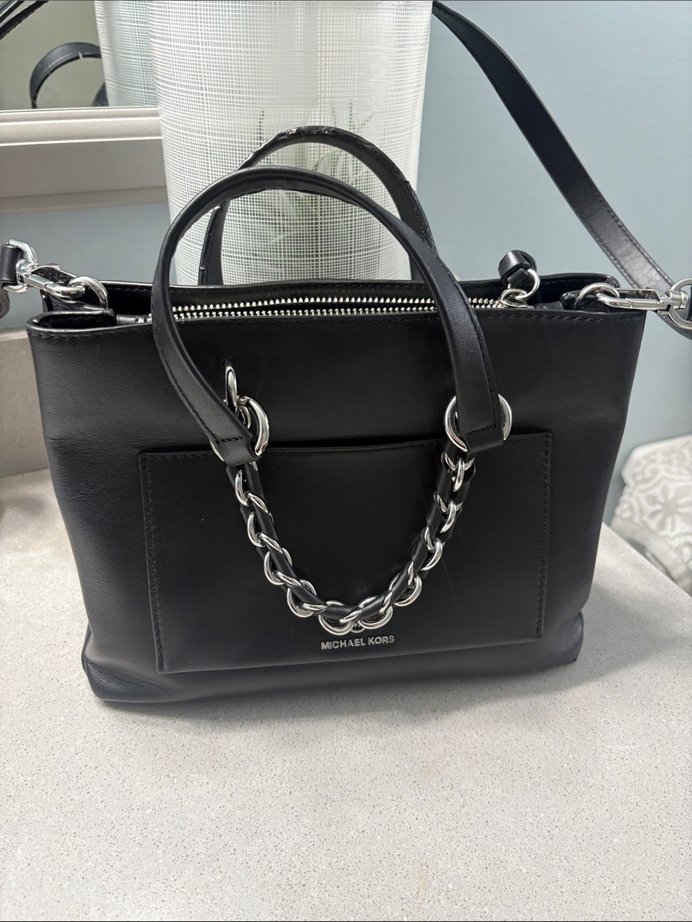 Michael Kors Black Leather Satchel with Chain-Handle